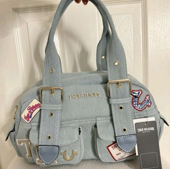 True Religion Handbags - True Religion Light Blue Satchel with Patches